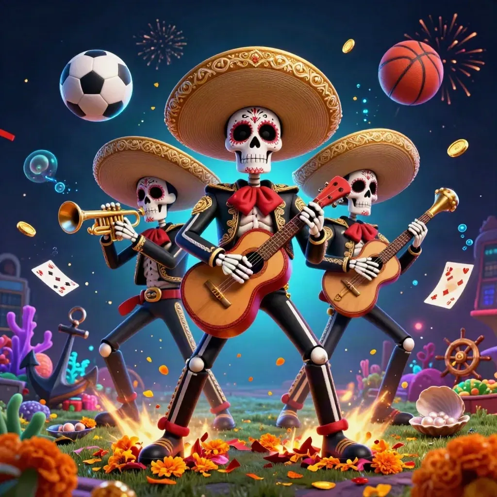 Skeleton mariachi trio with coin shower, soccer ball, coral, and casino glow.