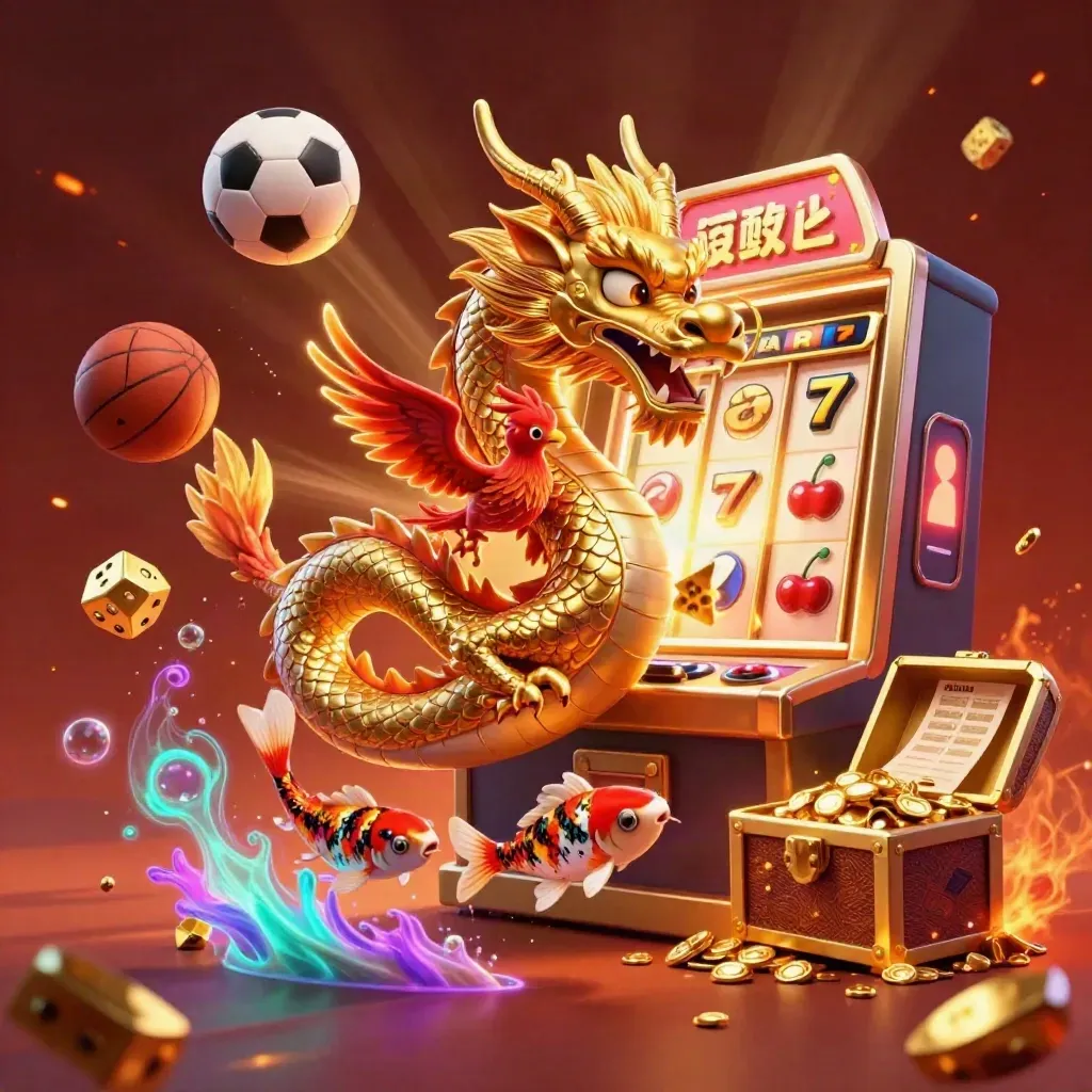 Golden dragon, phoenix and koi amid a jackpot slot burst with soccer and basketball in neon glow