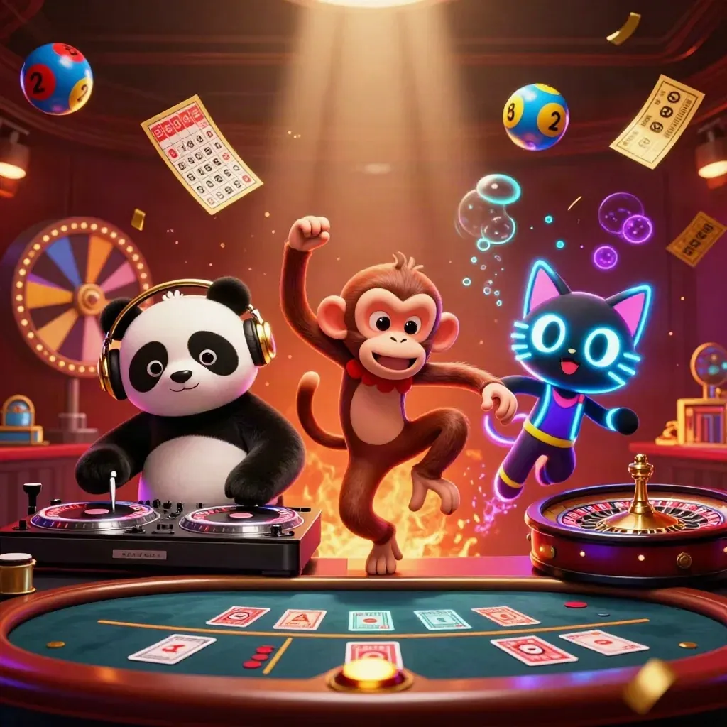 DJ panda, breakdancing monkey, and rave kitten amid casino glow, roulette, bingo, and prize-wheel chaos.