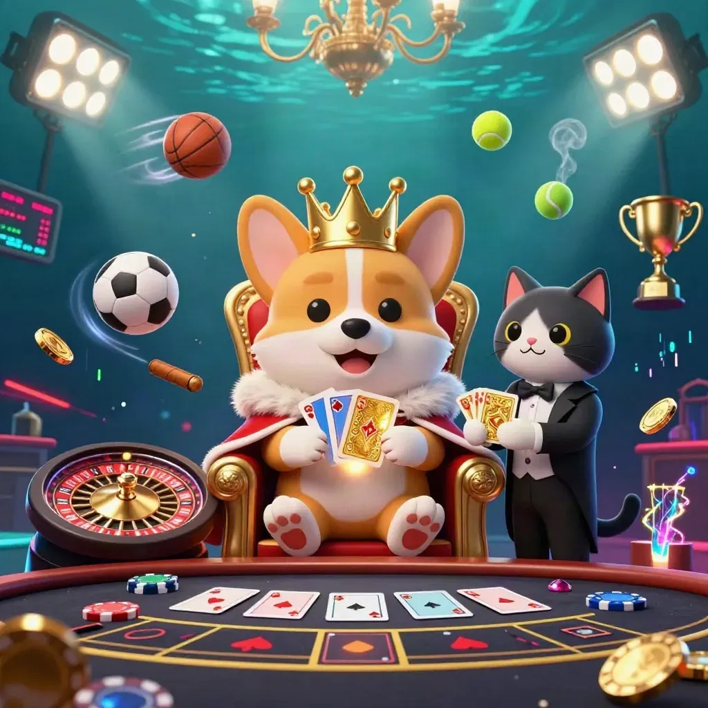 Royal corgi and cat butler in a neon casino, with flying sports balls, gold coins, and glowing tables.