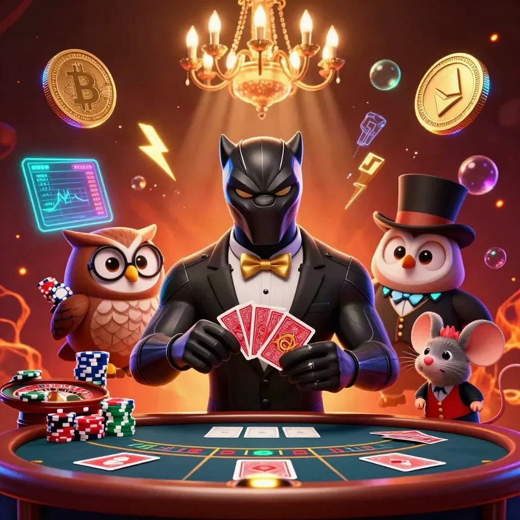 Panther, owl and mouse in a glowing casino hall with coins, cards, and neon tech effects.