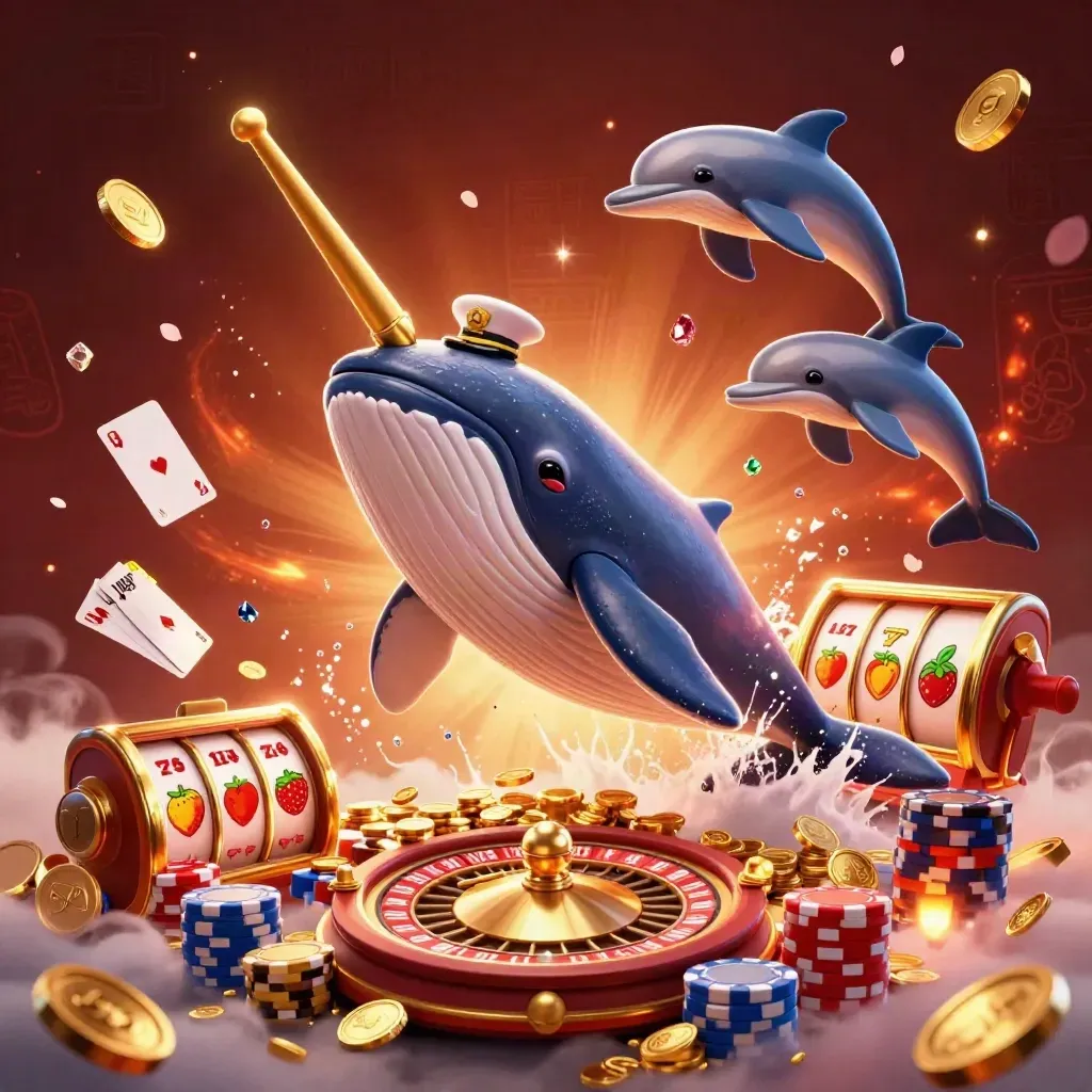 Whale captain, narwhal, and dolphins bursting through coins with casino chips, cards, and glowing gems.