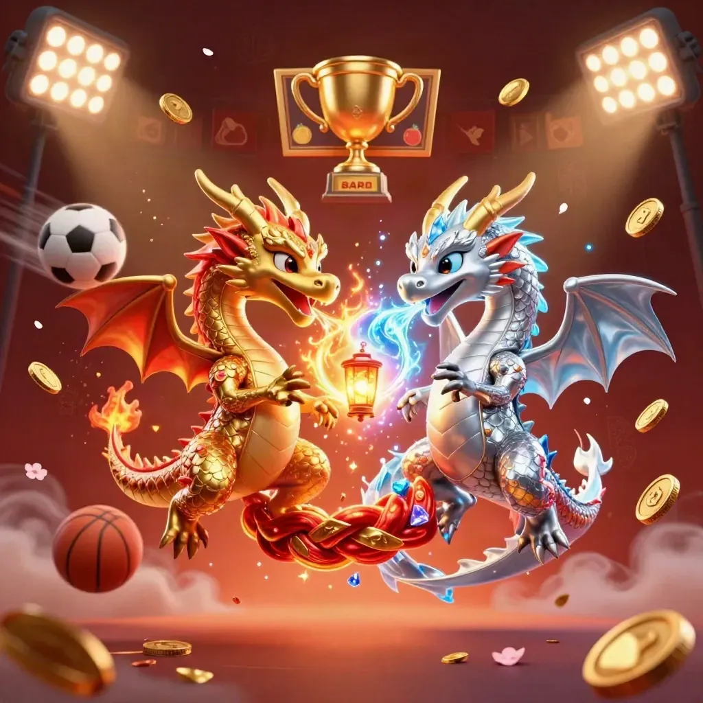 Gold and silver dragons spiral with fire-and-ice breath, sports balls, coins, trophies, and neon casino glow