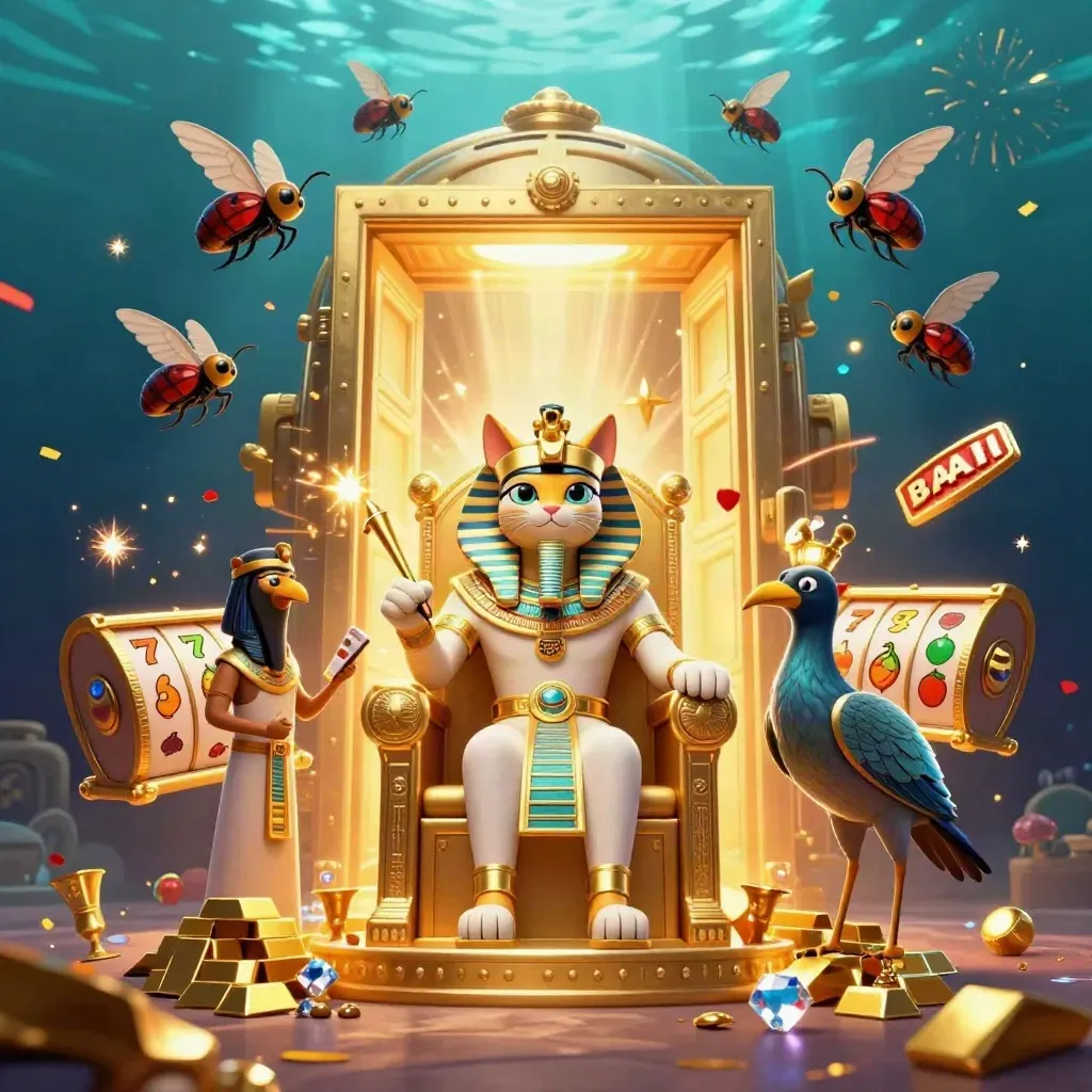 Pharaoh cat, ibis scribe, and scarab beetles amid vault treasure, gems, and neon casino glow.