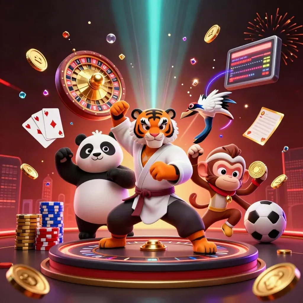 Kung-fu tiger, panda, and monkey amid exploding coins, chips, cards, and casino fireworks